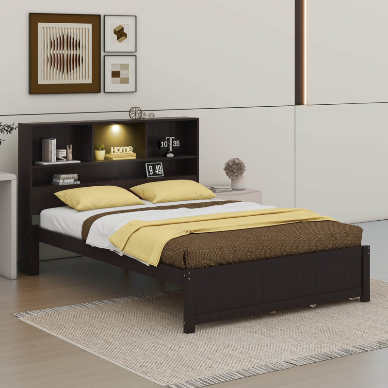 Wood Platform Bed With Bookcase Headboard, Built-In Downlight, Full, Expresso