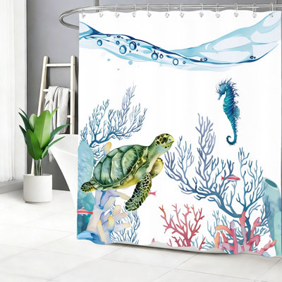 Rideau de bain tortue sous l'eau avec crochets, 72 po x 72 po (180 x 180 cm), bleu