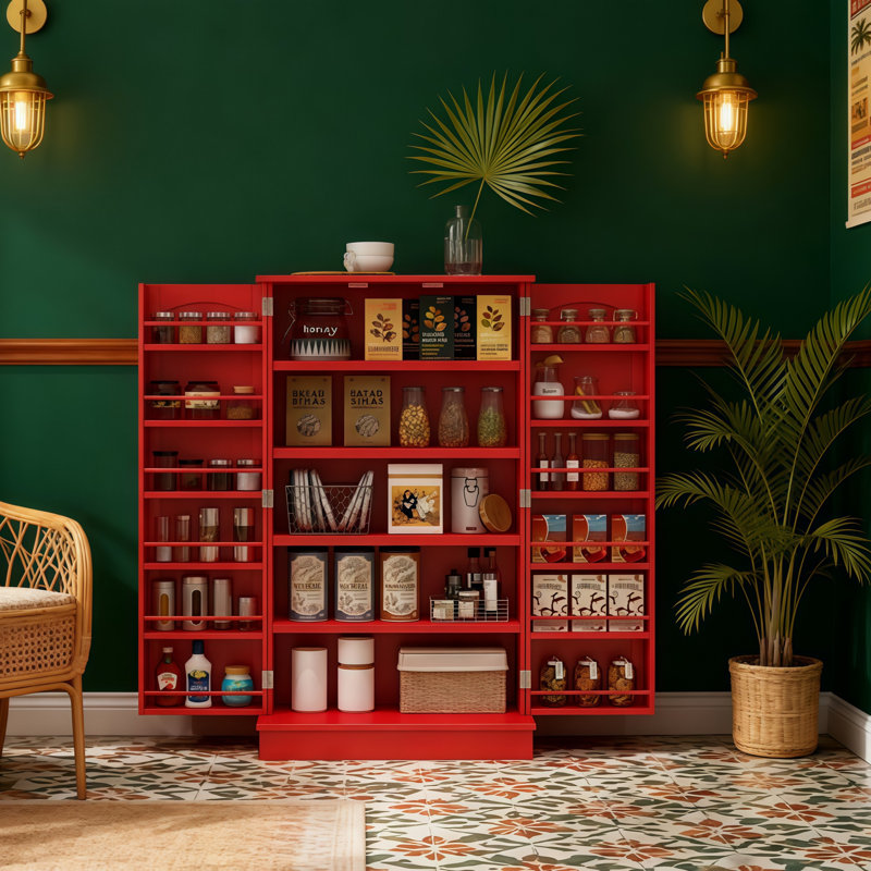 Armoire de cuisine en bois 40,9 po H avec support de porte et tablette de rangement (rouge)