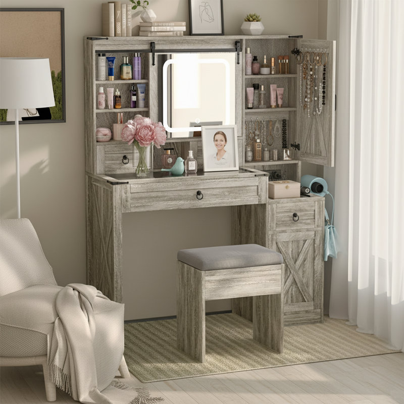 Bureau de coiffeuse Farmhouse avec miroir lumineux coulissant et station de charge - gris bois flottant, Gris