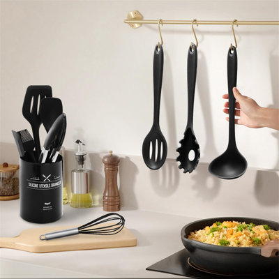 Silicone Kitchen Utensil Set - 12 Piece With Holder,  Black