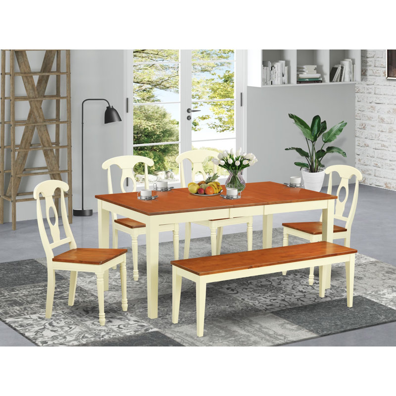 6 Piece Kitchen Table & Chairs Contains a Rectangle Dining Table with Butterfly Leaf and 4 Dining Room Chairs with a Bench, Buttermilk & Cherry