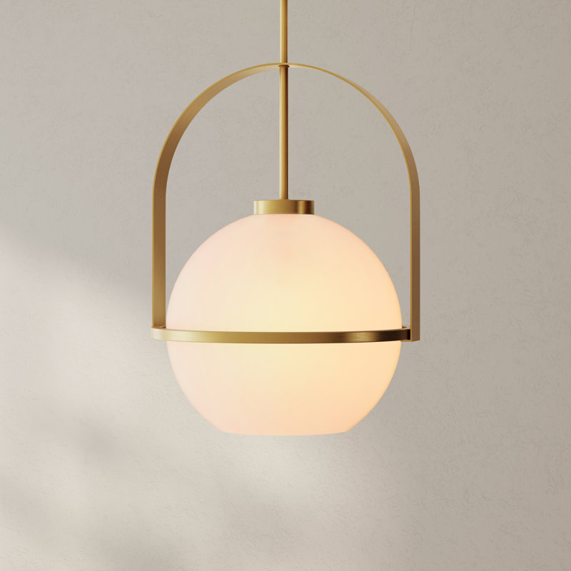 Luminaire suspendu en verre opale gravé à une lumière Mid-Century, Bronze brossé