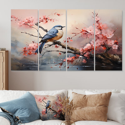Japan Blossoming Cherry Bird Flight I - Bird Floral 4 Piece Wall Art For Living Room