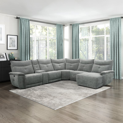 Achernar 132" Modern & Contemporary 6-Piece Textured Fabric Modular Reclining Sectional with Chaise with 2 Integrated Recliners & Console with Stainle by Latitude Run