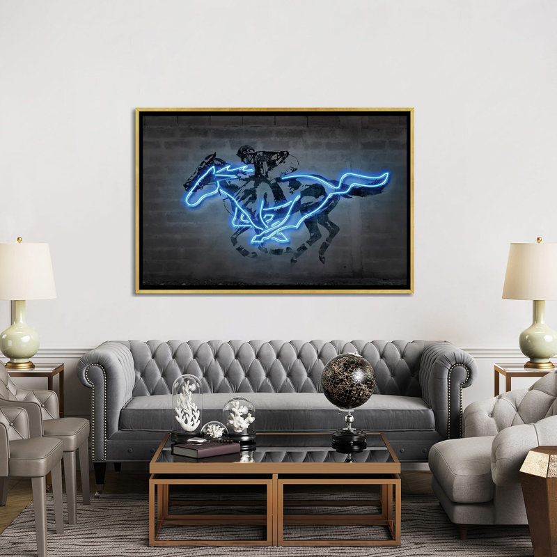 Reproduction d’art, "Mustang" par octave Mielu, H 40 po x l 60 po x 1,5 po, Toile encadrée d'or, Pas de tapis
