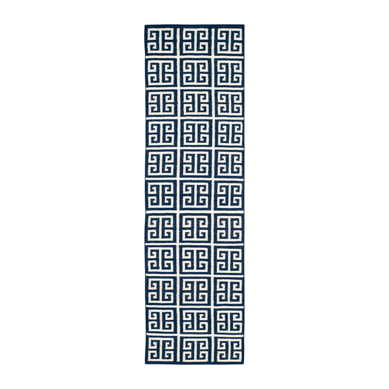 Rodgers Hand Woven Flat Weave Banana Silk/Wool/Cotton Geometric Rug in Navy/Ivory, Runner 2'6" x 9'