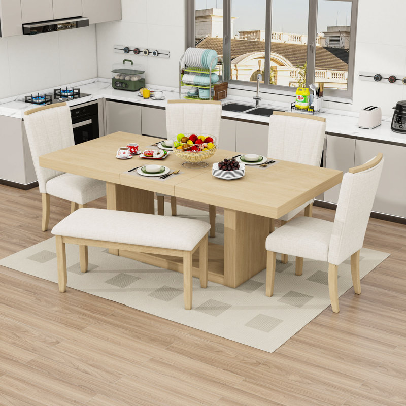 Ensemble de table de salle à manger 6 pièces, table extensible en bois avec rallonge amovible, 4 chaises rembourrées et banc