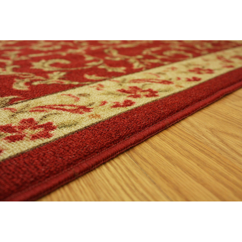 Floral Scroll Red Slip Resistant Machine Washable Rugs, Rectangle 5' x 6'6"
