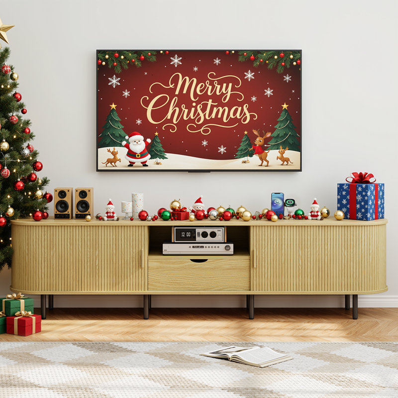 Modern Solid and Manufactured Wood TV Stand for TVs up to 80", Oak, 21.7" H x 86.6" W x 15.7" D