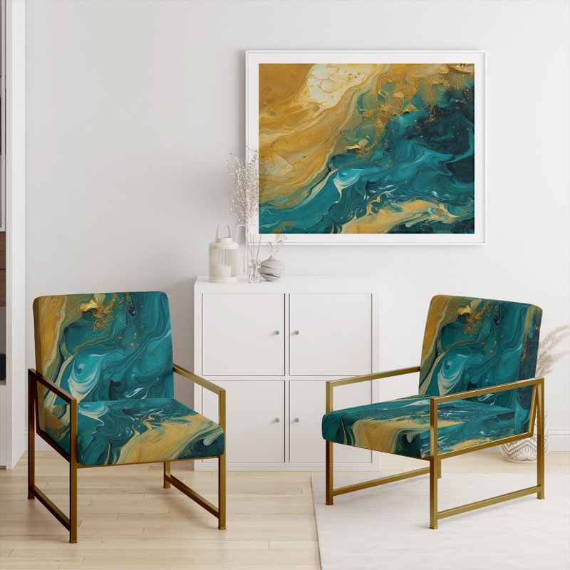 Golden Sunshine In Deep Blue Ocean Abstract - Upholstered Contemporary Arm Chair, Gold Accent Chair, Gold
