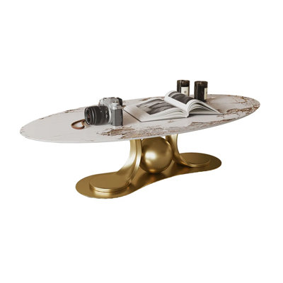 Oversized 51.18" Modern Light Luxury Oval Coffee Table, Marble Top with Gold Sculptural Streamline Base, Sturdy & Safe for Living Room