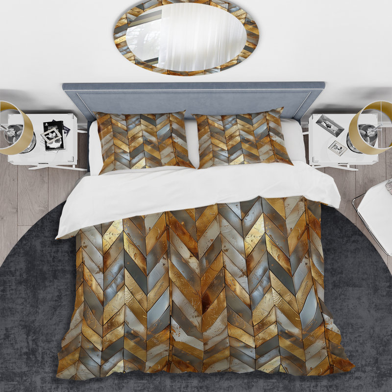 Beige Gold Metallic Chevron Glam II - Glam Duvet Cover Set, King Duvet Cover + 2 King Pillow Shams