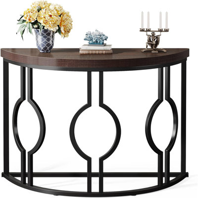 Half Moon Console Table For Entryway, 43 Inch Industrial Semi Circle Sofa Table With Geometric Base, Wood Accent Table For Living Room, Hallway, Foyer, Entrance, Rustic Brown