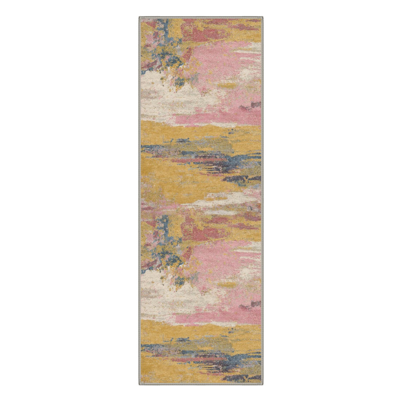 Lucchesi Abstract Machine Washable Yellow / Pink Indoor Area Rug with Non-Slip Backing, Runner 2'3" x 6'