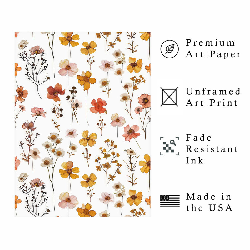 «Botanical Fall Wildflowers Pattern VII Cottage», reproduction d'art non encadrée, H 14 po x l 11 po