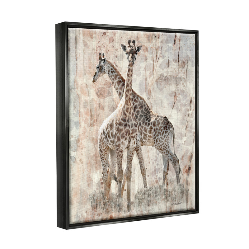 Paire de girafes imposantes superposées - Motif flottant, Cadre flottant noir de jais, H 21 po x l 17 po x P 1,5 po