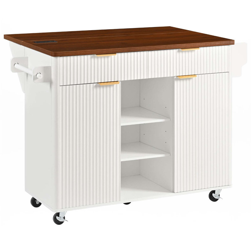 52" Fluted Kitchen Island With Drop Leaf, Power Outlet,Adjustable Shelves, White