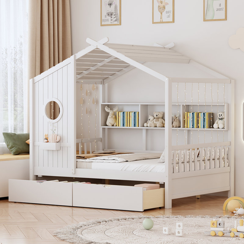 Lit en bois avec 2 tiroirs, lit pour enfant avec tablette de rangement, Double