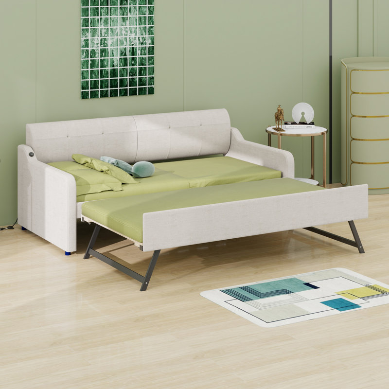 Lit de jour rembourré avec lit gigogne et conception de chargement USB, le lit gigogne peut être plat ou érigé, Beige