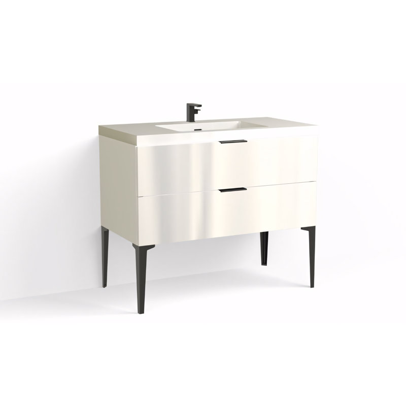 Avila 42" W Freestanding Single Bathroom Vanity with Dean Leg, White Acrylic, Glossy White/Single, Matte Black