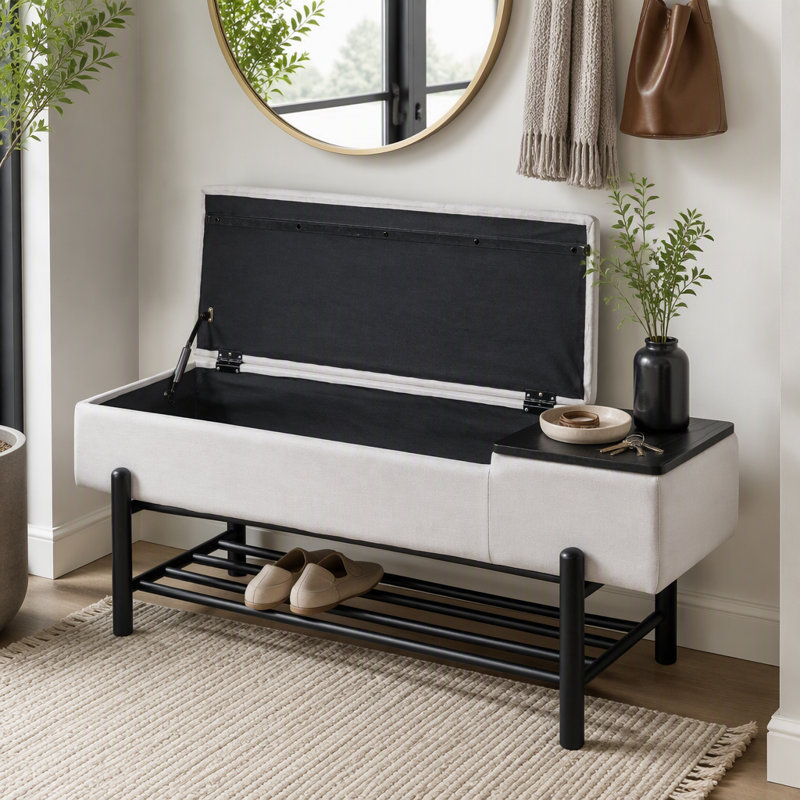 Banc de rangement rembourré Farmhouse avec compartiment caché, banc de hall d'entrée moderne, Noir et blanc