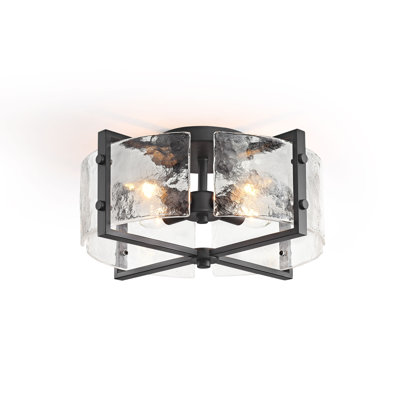Nihaan 4-Light 16.5" Black Metal Frame Textured Glass Panels Flush Mount 