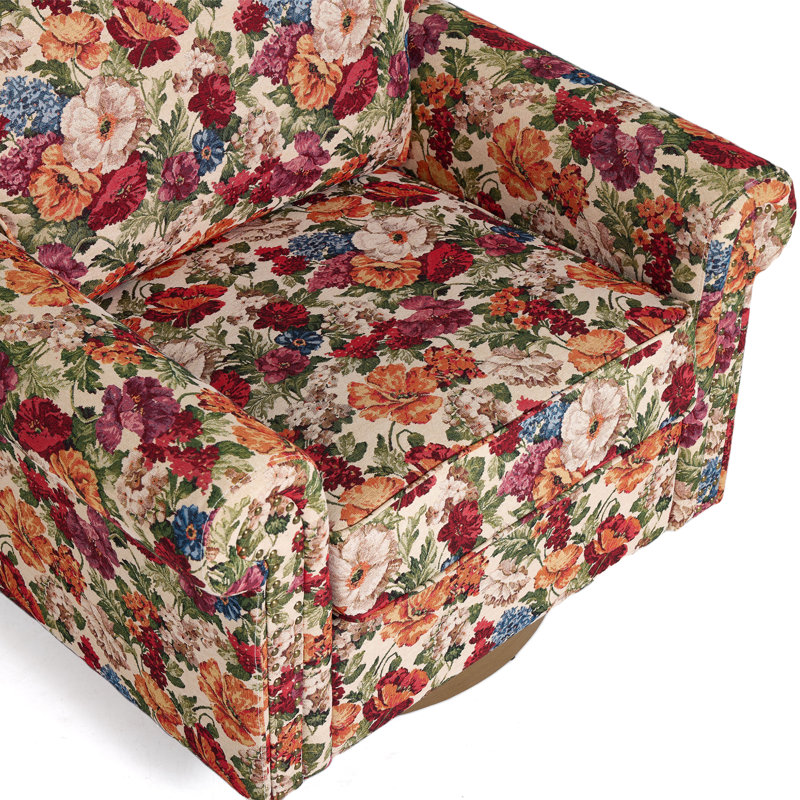 Fauteuil pivotant rembourré avec accoudoirs roulés et garniture cloutée, Floral beige