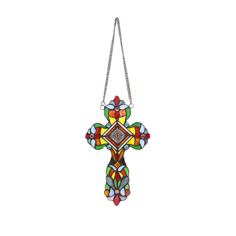 Adelina Victorian Tiffany-Style Stained Glass Cross Panel with Chain