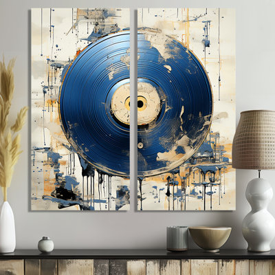 White And Blue Vinyl Record Melody - Gold Modern Art Prints On Canvas