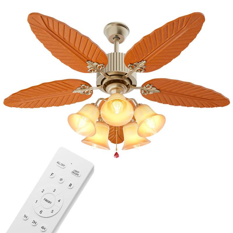 Golden 52" Tropical Ceiling Fan with Palm Leaf Blades and LED Lighting