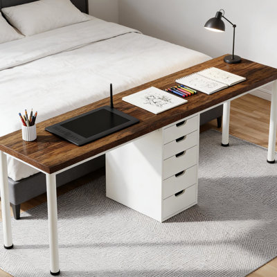 Two Person Office Workstation, Computer Desk With Retro Warm Wood - Grain Desktop Design, Grooved Handles For Drawer Function, Table Legs, Adjustable Foot Pads, Rustic Brown And White Wood, 94.6 Lb
