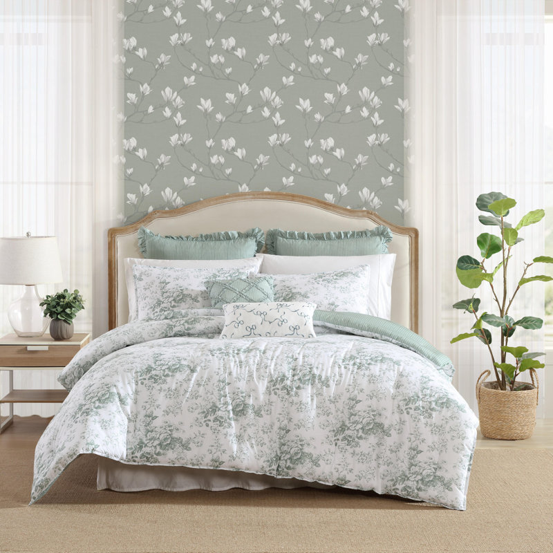 Ensemble d'édredon réversible en coton Laura Ashley, Édredon simple + 4 pièces supplémentaires, Vert