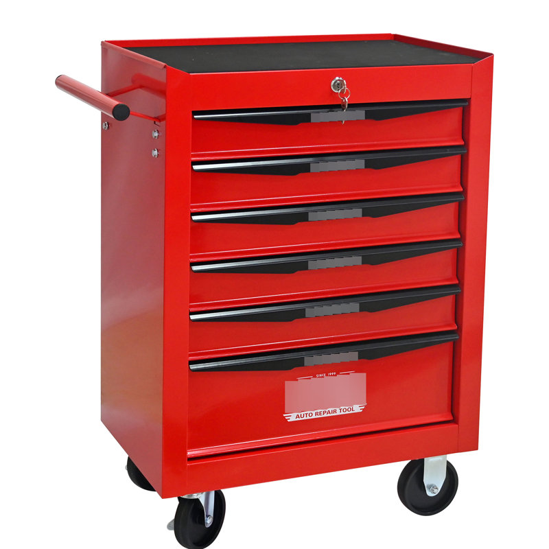 Armoire à outils roulante en métal à 6 tiroirs, rouge et noir, 4 roulettes, poignée à tirer, coffre à atelier à glissières, tiroirs verrouillables universels, acier noir
