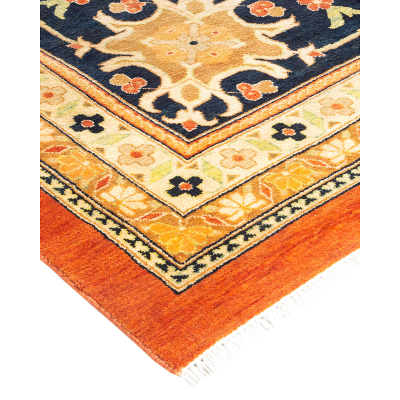 Tapis unique noué à la main marine / orange / ivoire Eclectic 12 pi 2 po x 18 pi 7 po