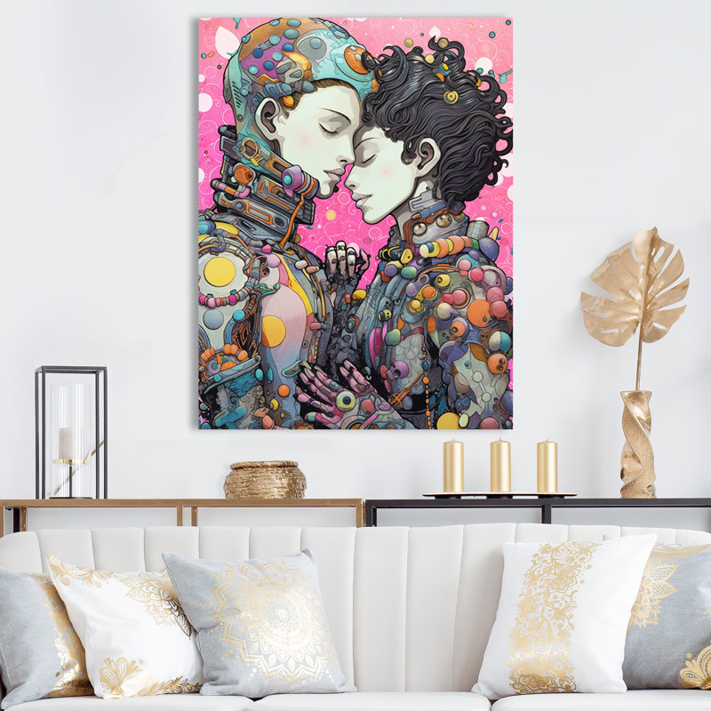 " Charming Robots Celebrating Love Retro I ", 32" H x 24" W x 1" D, Wrapped Canvas
