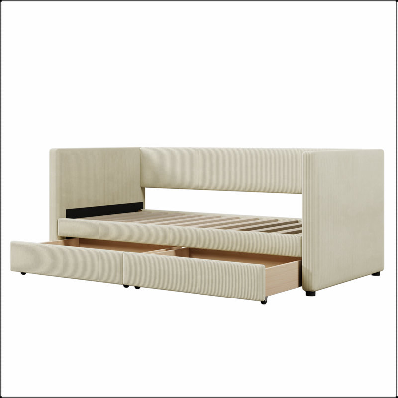 Corduroy Daybed with Two Drawers and Wood Slat The perfect combination of classic and modern, enhance the bedroom style