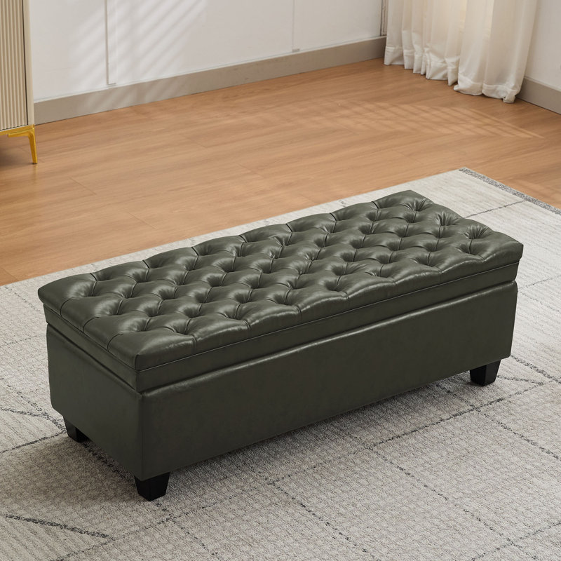 51" W Linen Upholstered Flip Top Storage Bench, PU Green