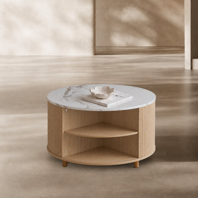 31.5" Round Mid-Century Coffee Table with Slatted Side Storage, Faux Marble Top & Concealed Compartment