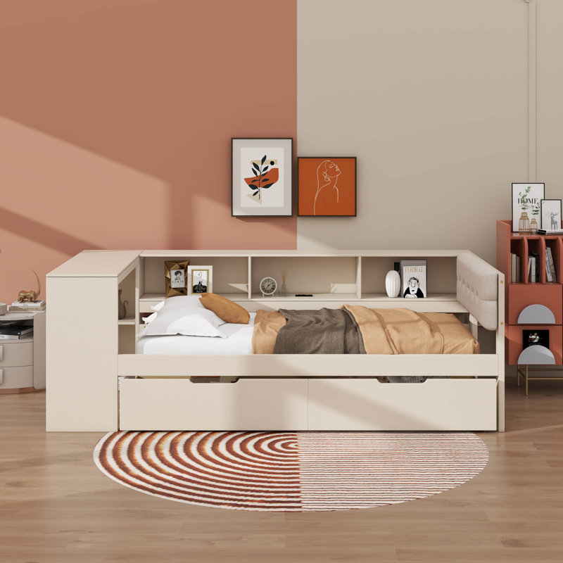 Twin Size Platform Bed With Shelves, Drawers And Upholstered Headboard, Twin, Cream
