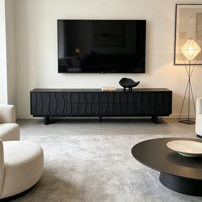 Meuble télé avec rangement à motif de vagues rétro, 22.24"H x 86.61"L x 15.74"W, Black