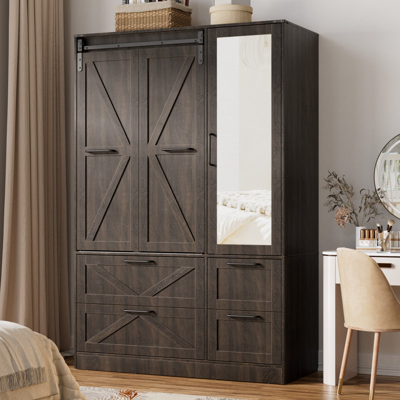 Armoire-penderie 3 portes avec miroir, porte de grange coulissante pliante et lumières à capteur