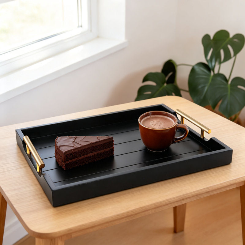 Plateau en bois noir avec deux poignées et 4 sous-verres pour repose-pieds de table basse
