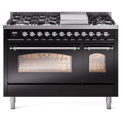 ILVE Nostalgie II Series 48 inch Dual Fuel Range with 8 Sealed Burners, Griddle (Glass Door)