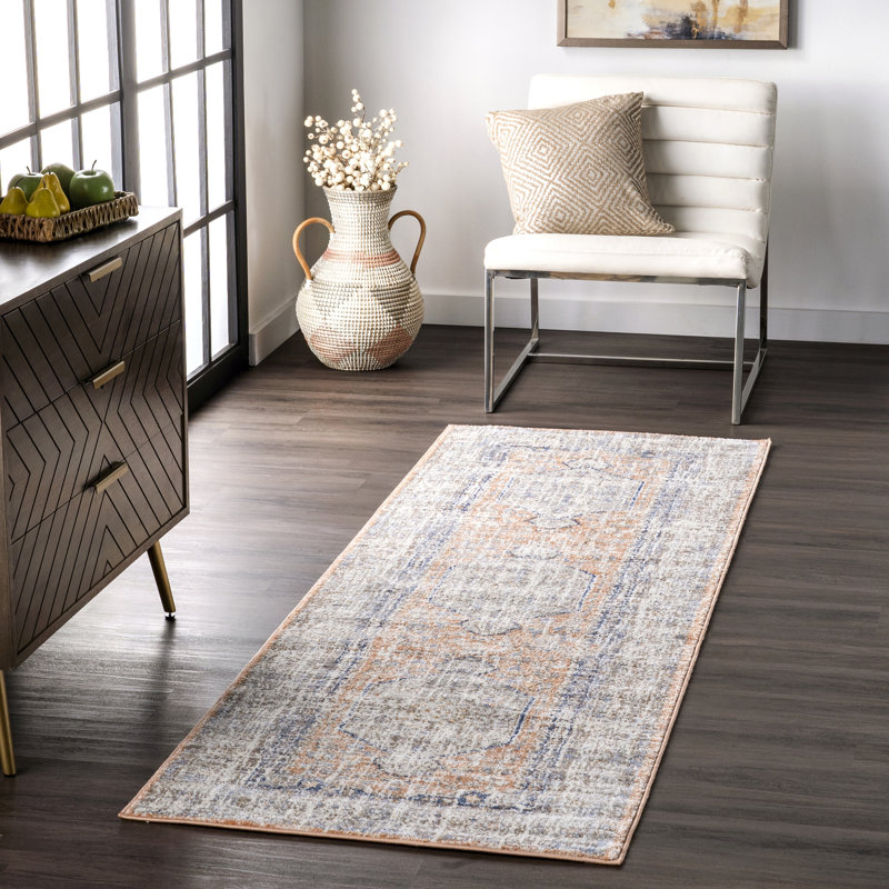 Mattawa Oriental Power Loom Performance Peach/Blue Rug, Runner 2'6" x 6'