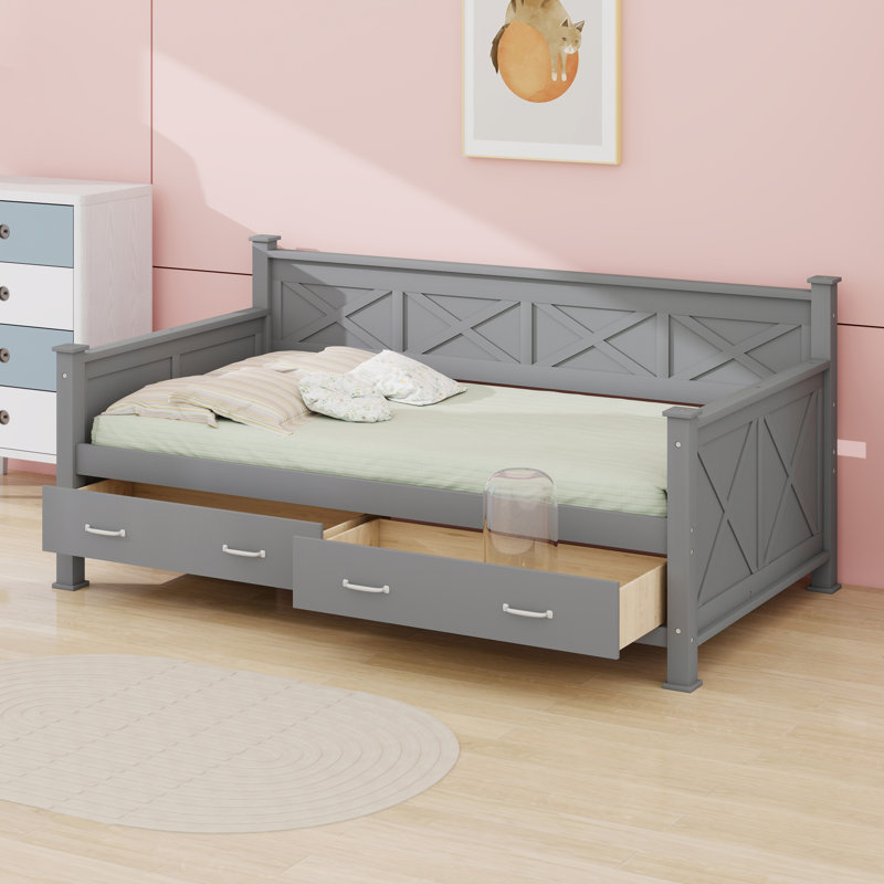 Lit de jour simple en bois moderne et rustique de style décontracté avec tiroirs, Gris