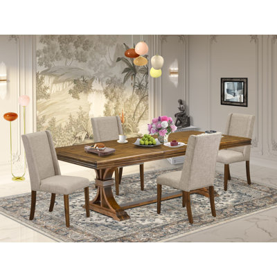 L'ensemble de salle à manger 5 pièces se compose d'une table en bois et de 4 chaises rembourrées en tissu de lin brun clair avec dossier rembourré - finition noyer antique.