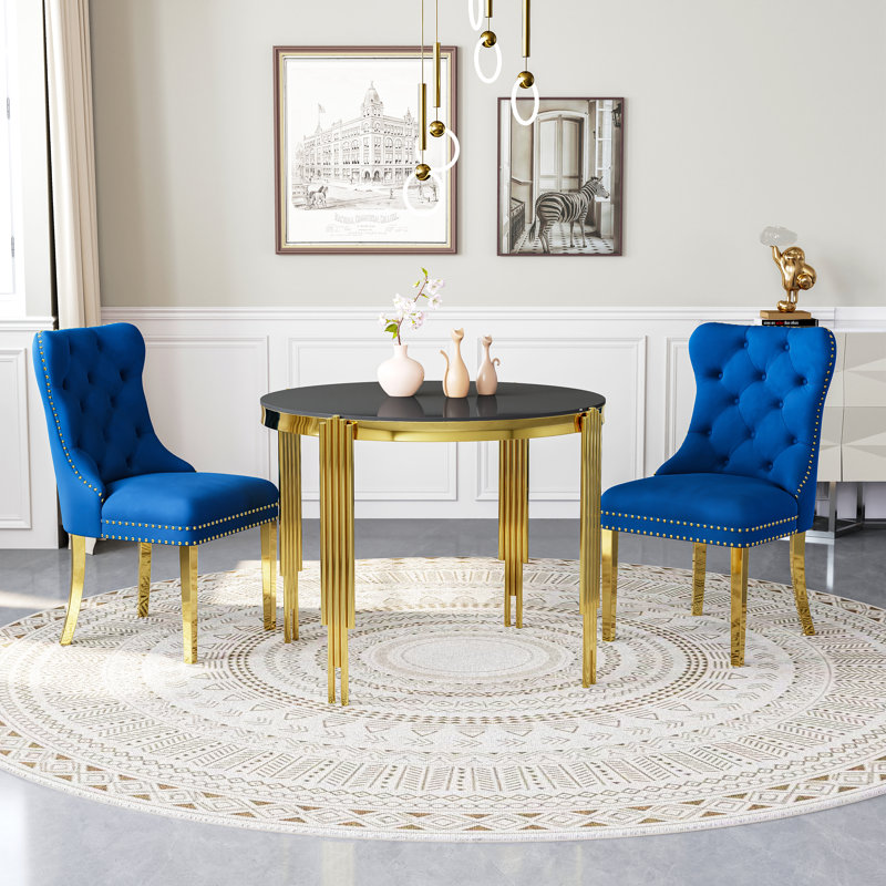 37"Modern Glass Dining Table Set, Irregular Stainless Steel Table Legs And Velvet Tufted Backrest Chairs, Black, Blue/Gold