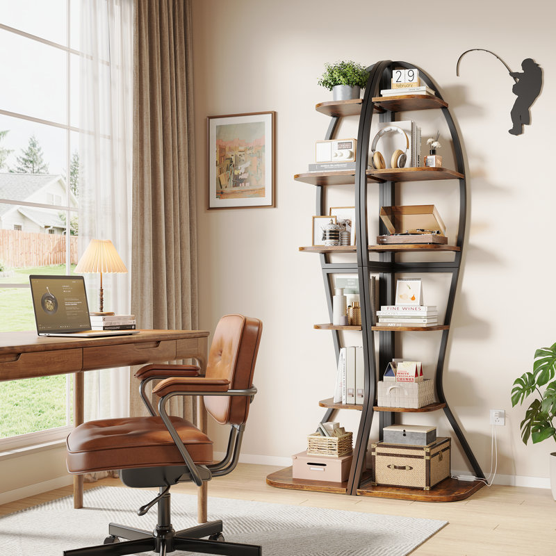 Industrial 6-Tier Tall Corner Shelf With LED Lights & Multi-Depth Storage, 68.11" Height For Living Room, Bedroom, Brown