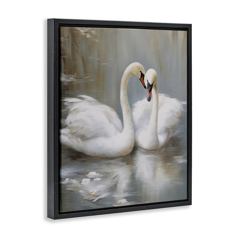 Kissing Swans on Pond Floating Frame, design by Arlington Prints, Jet Black Floater Frame, 21" H x 17" W
